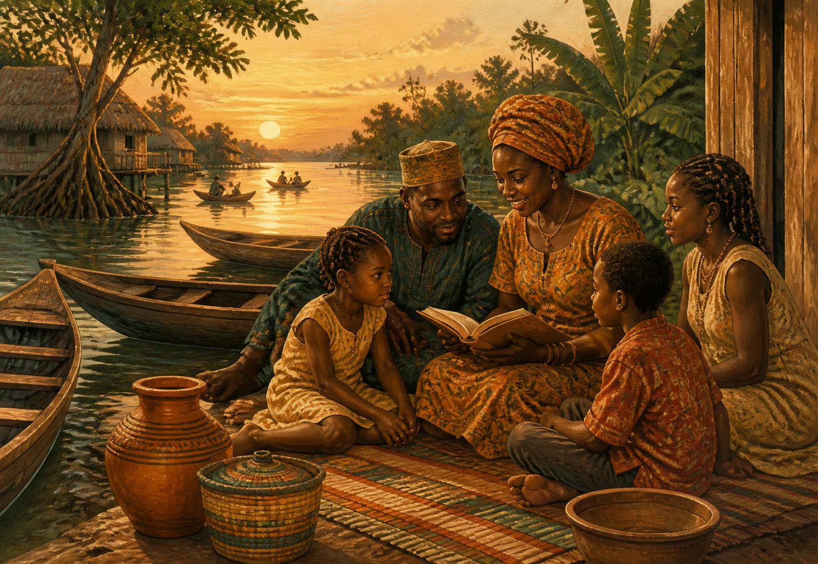 An Ibani family reading together beside canoes on a Niger Delta waterway at sunset